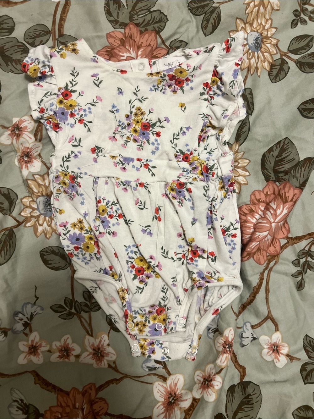 Angel Dear Floral Summer Baby Onesie in White with Multicolor Blossoms